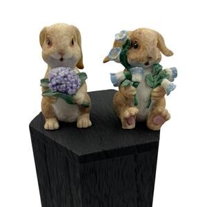 Vintage 90's Easter Spring Bunny Rabbits Resin Figurines Lilacs Morning Glories